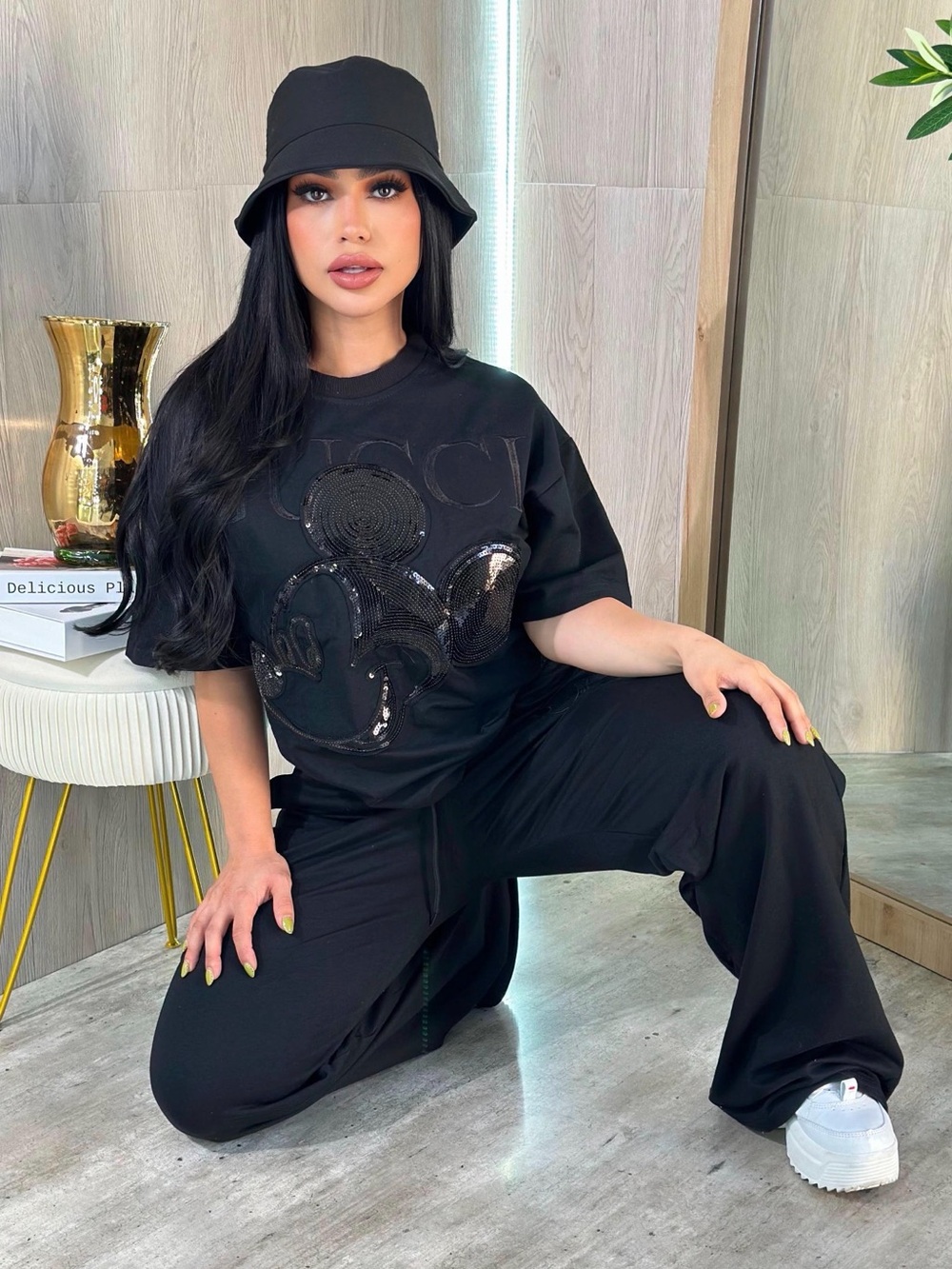 Black Sequin Logo Short Sleeve Tee & Wide Leg Pants Set size S